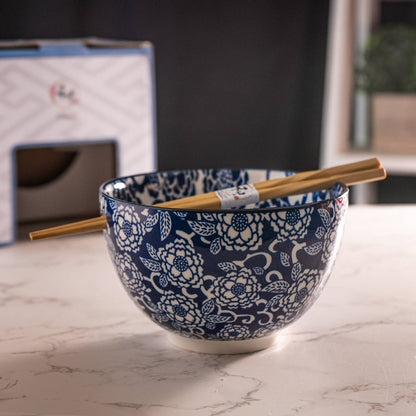 Botan Flower Design Bowl With Chopsticks