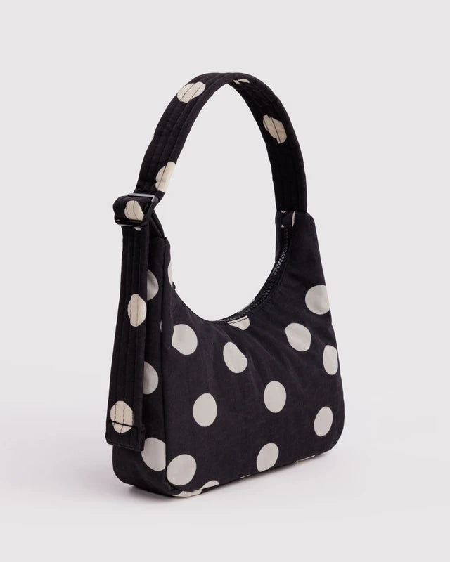 BAGGU Mini Nylon Shoulder Bag Black and Cream Polka Dot strap and hardware detail - PABOOM