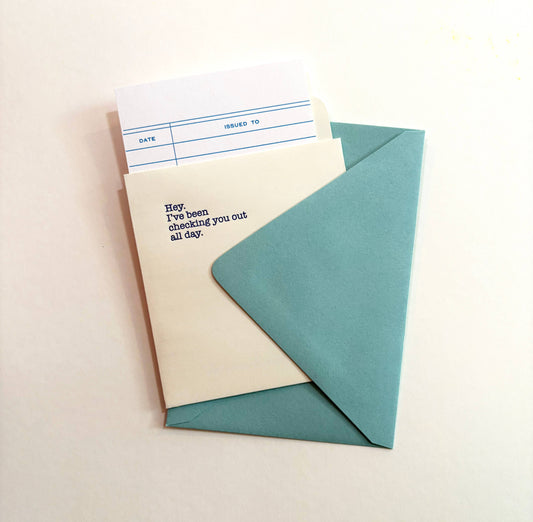 Checking You Out letterpress library card with light ivory pocket and insert