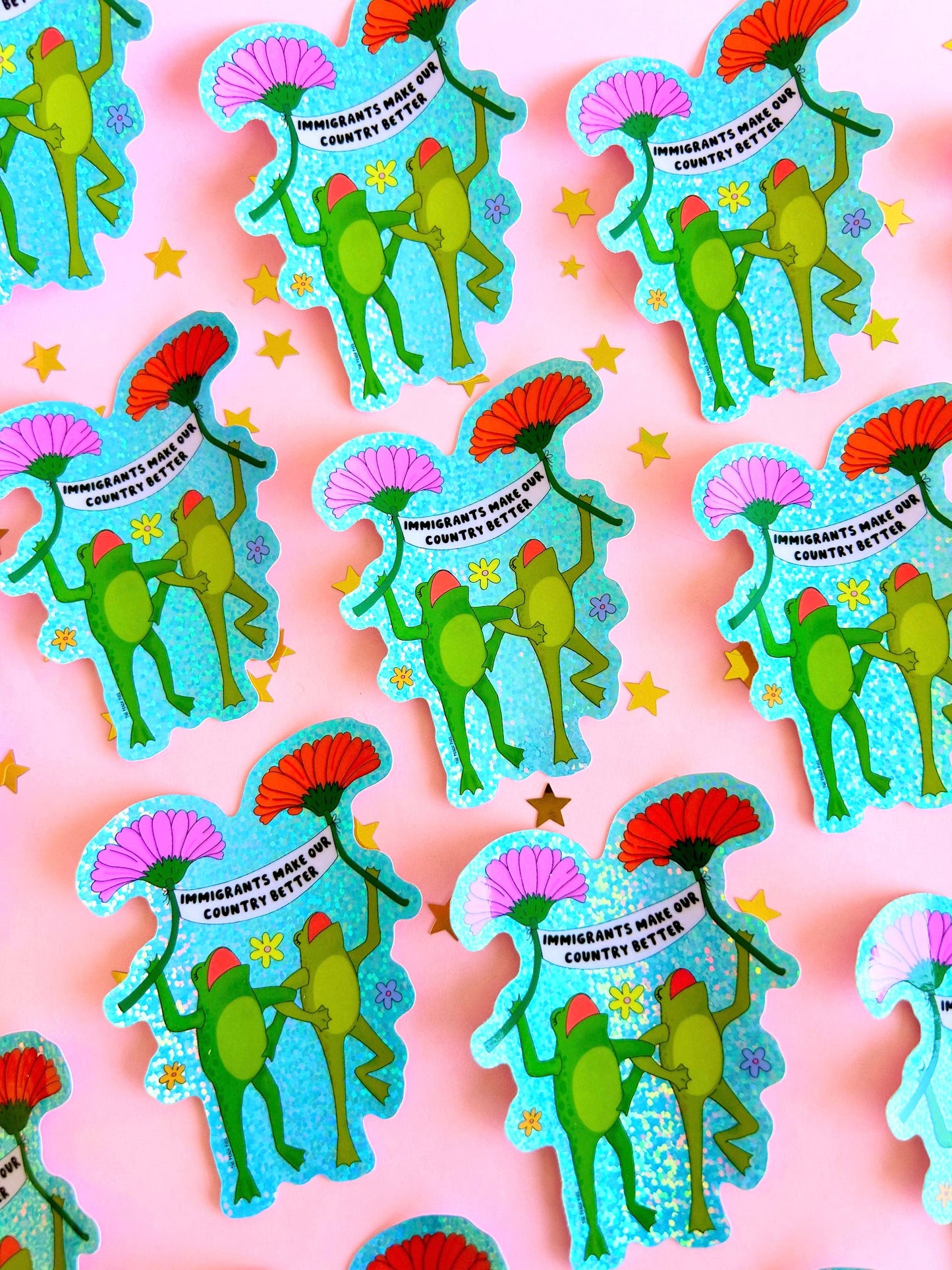 Close-up detail of the sticker's glitter finish