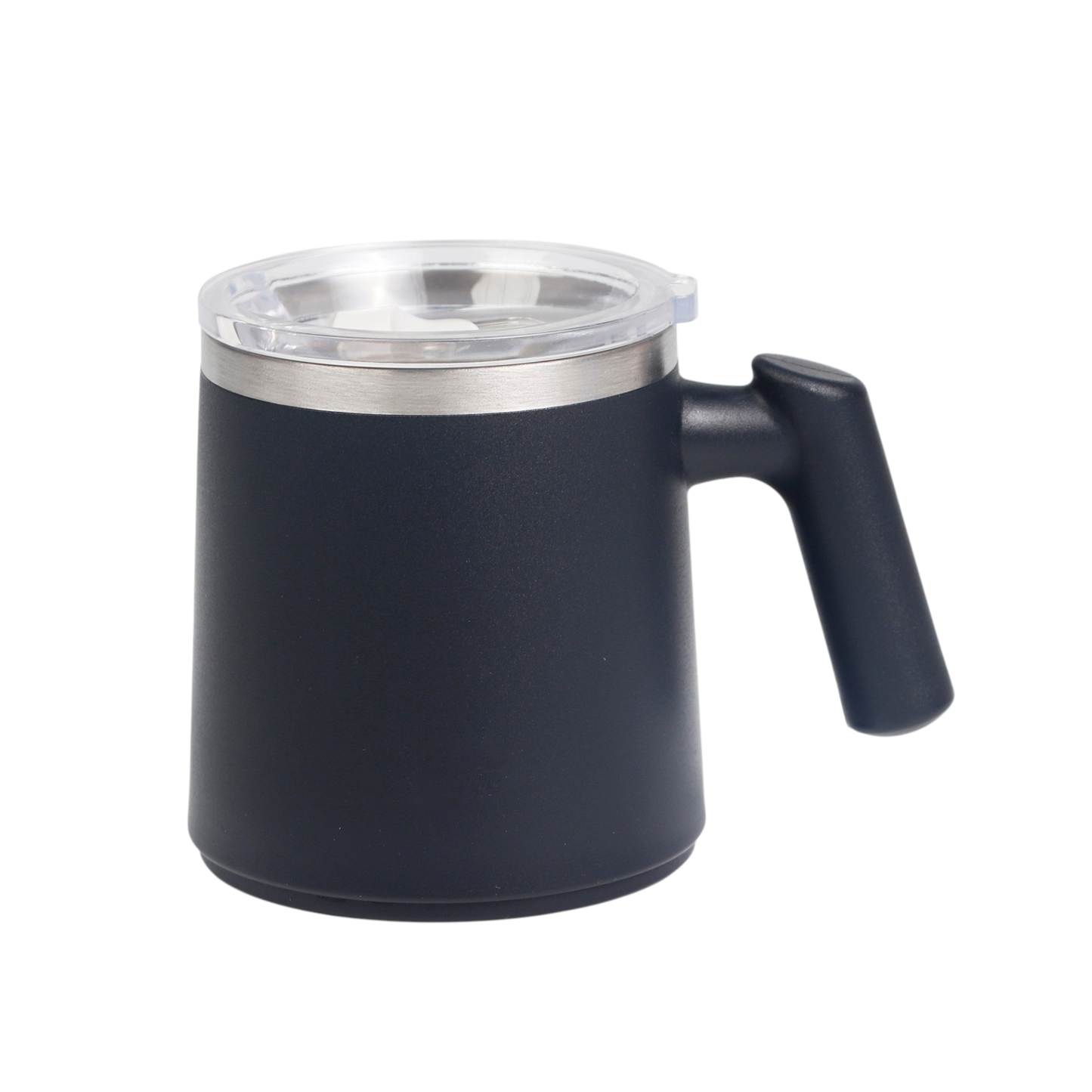 Matte black stainless steel insulated travel mug with a clear spill-guard lid and side handle