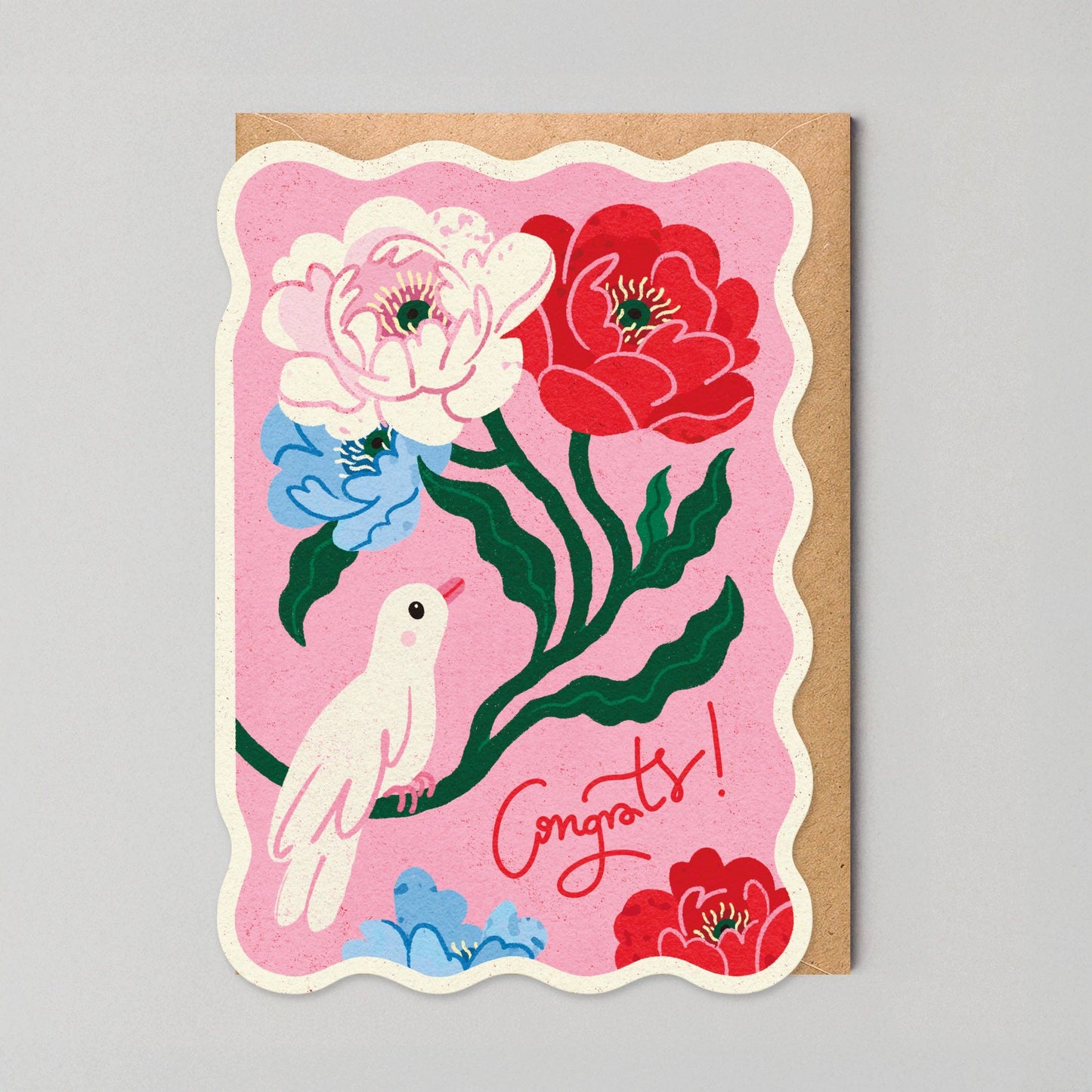 Scalloped pink congratulations card with an illustrated white dove among red and blush peonies and "Congrats!" in red script.