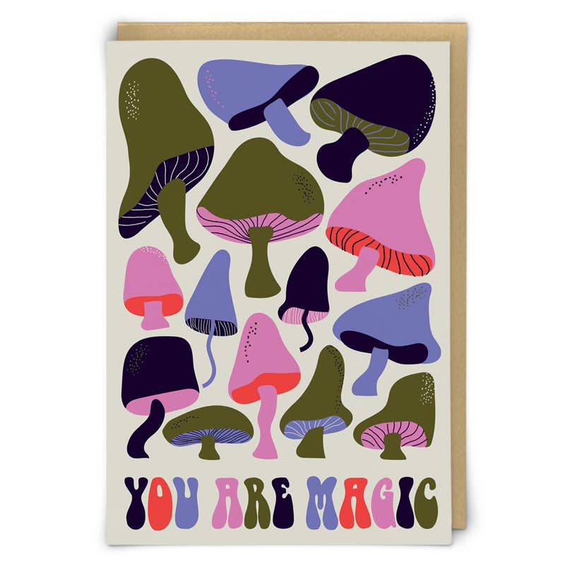 Card covered in retro olive, purple and pink mushrooms with groovy text 'You Are Magic' - PABOOM