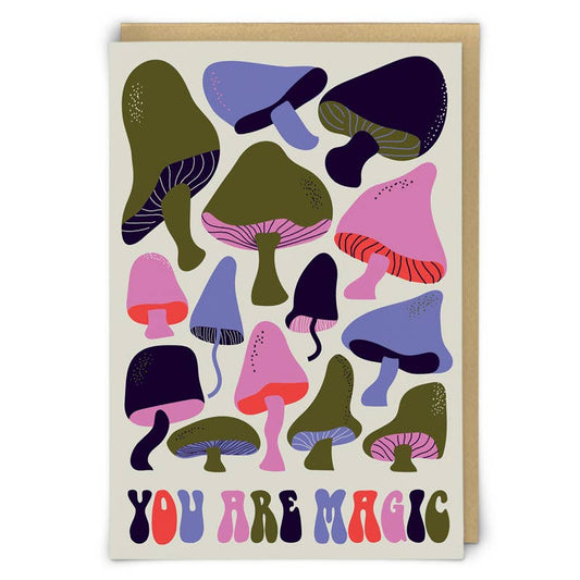 Card covered in retro olive, purple and pink mushrooms with groovy text 'You Are Magic' - PABOOM