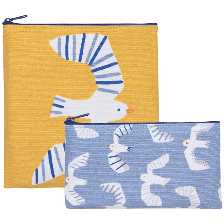 Two zippered fabric snack bags in mustard yellow and mineral blue printed with hand-drawn seagulls – PABOOM