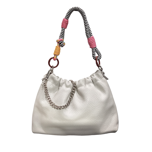 Louisa Lee Plissa Small drawstring bag in off white grained leather with grey braided cord - PABOOM