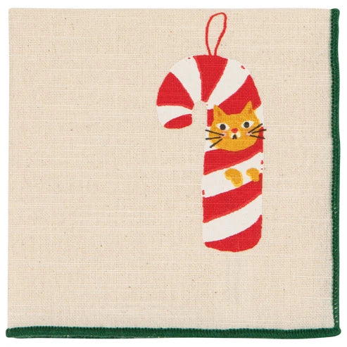 Bauble Cats napkin close-up showing the embroidered holly ornament motif - PABOOM