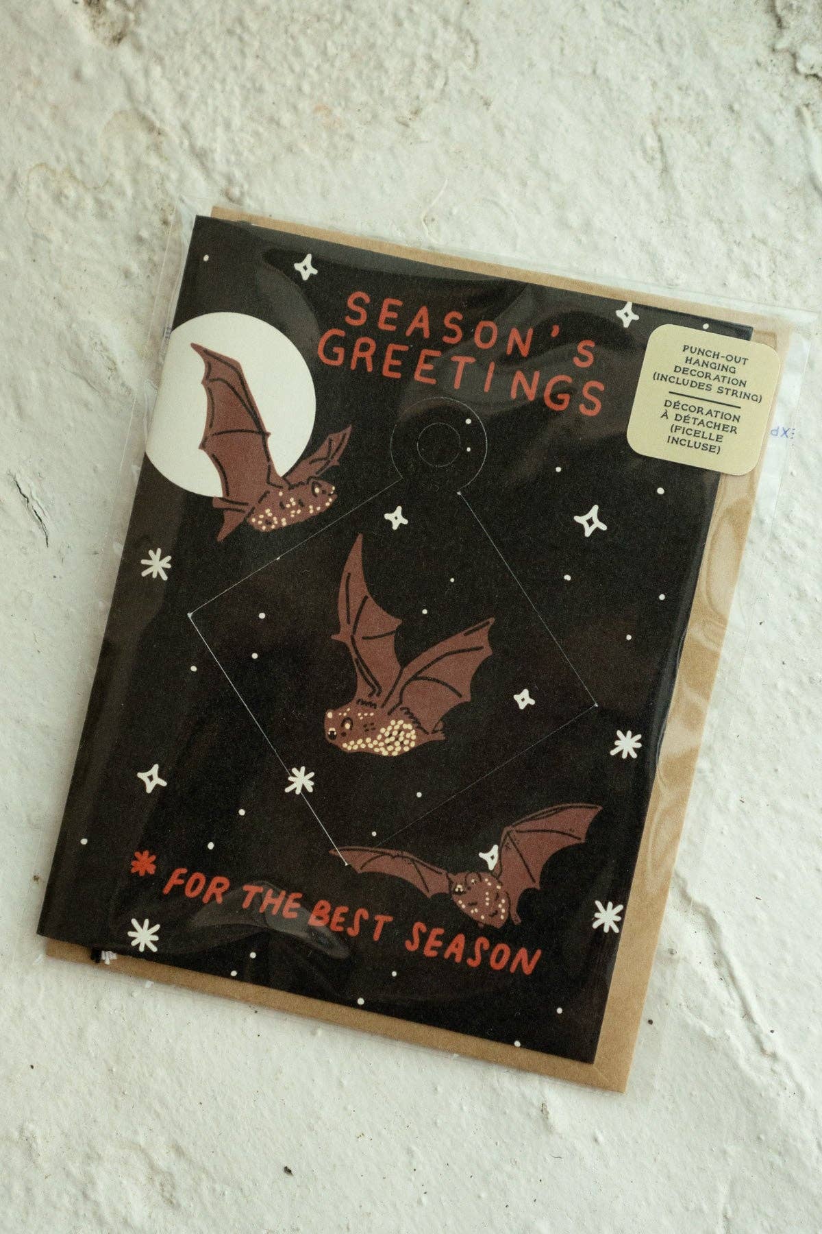 Spooky Season's Greetings card, close-up of bat illustration