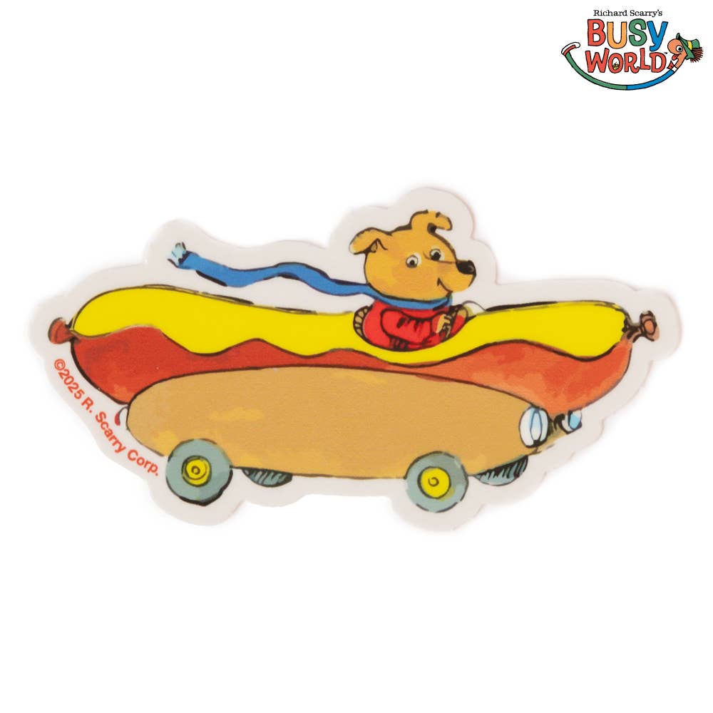 Vinyl sticker of a dog wearing a blue scarf driving a hot dog-shaped car, from Richard Scarry's Busytown.