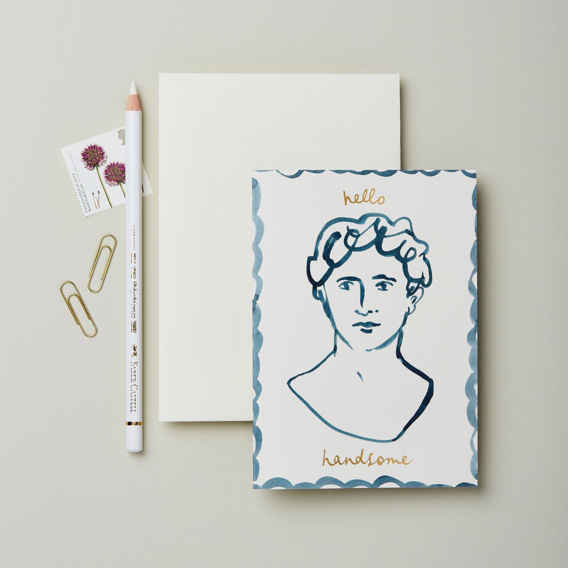 Blue watercolor line portrait of a man on scalloped card, reading Hello Handsome
