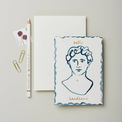 Blue watercolor line portrait of a man on scalloped card, reading Hello Handsome