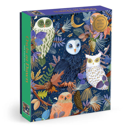 Owls at Dawn 1000 piece foil puzzle box with colourful owls perched among autumn leaves on navy - PABOOM