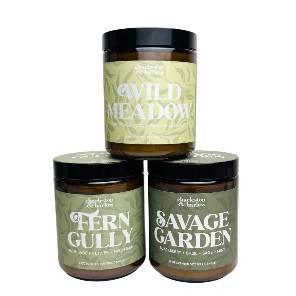 Charleston & Harlow Candle Co. - Fern Gully - Blue Sage Vetiver Fresh Rain Soy - three scented soy wax candles