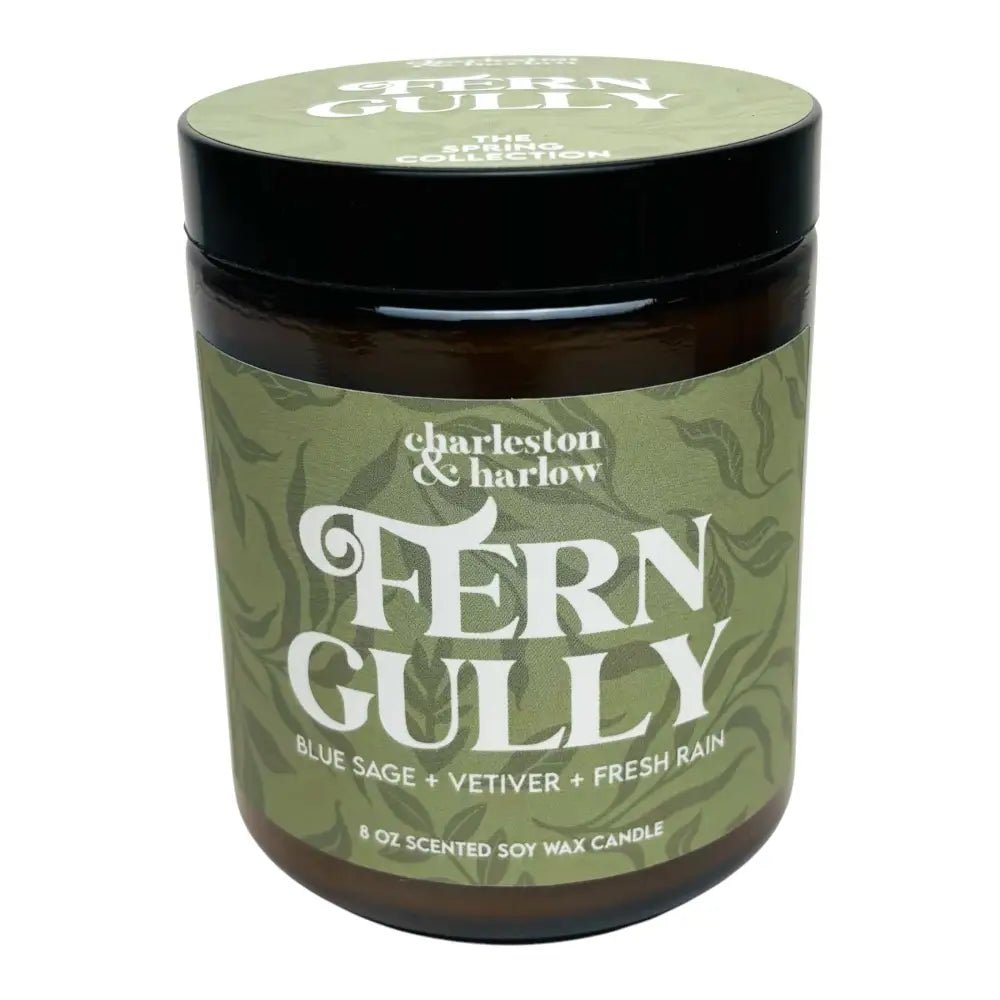 Charleston & Harlow Candle Co. - Fern Gully - Blue Sage Vetiver Fresh Rain Soy - brown glass jar candle green