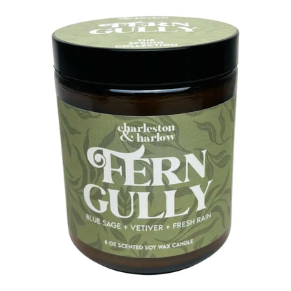 Charleston & Harlow Candle Co. - Fern Gully - Blue Sage Vetiver Fresh Rain Soy - brown glass jar candle green