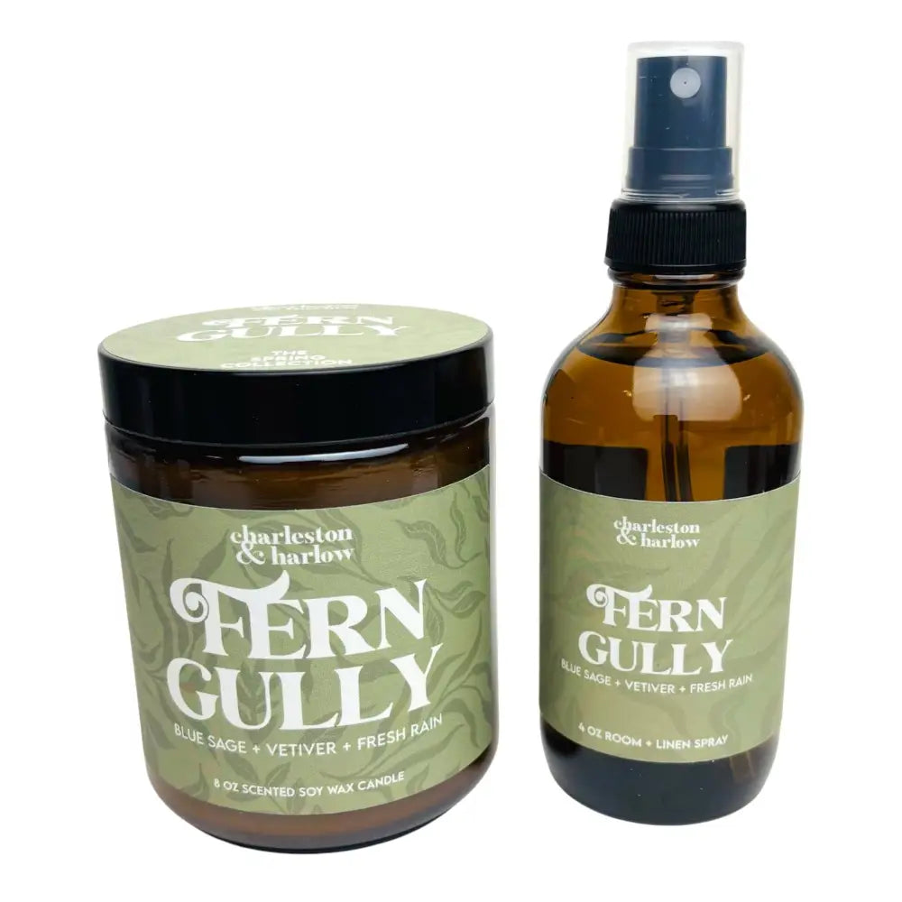 Charleston & Harlow Candle Co. - Fern Gully - Blue Sage Vetiver Fresh Rain Soy - candle room spray set fern