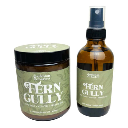 Charleston & Harlow Candle Co. - Fern Gully - Blue Sage Vetiver Fresh Rain Soy - candle room spray set fern