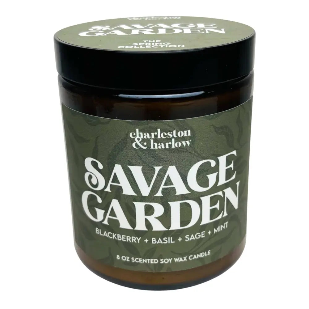 Charleston & Harlow Candle Co. - Savage Garden - Blackberry Basil Mint Sage Soy - brown glass jar candle black