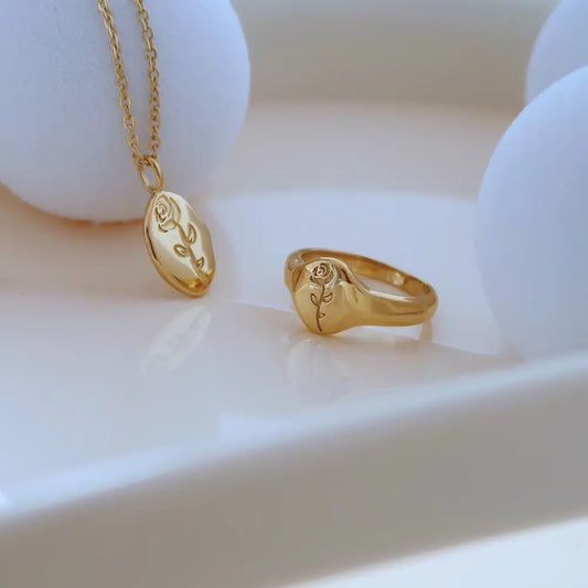Rose Oval Signet Ring-Gold Plated - PABOOM