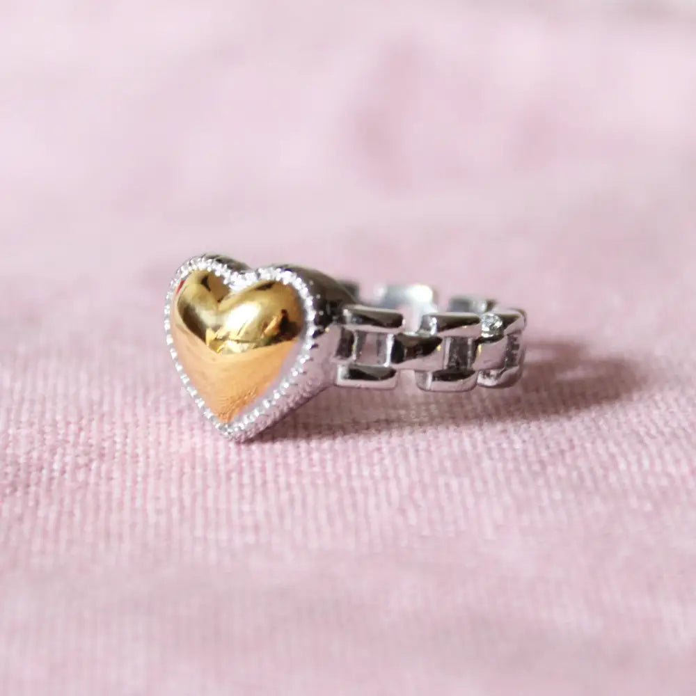 Cousins Collective - Chained Heart Ring Two Tone Silver + 18K Gold Plated