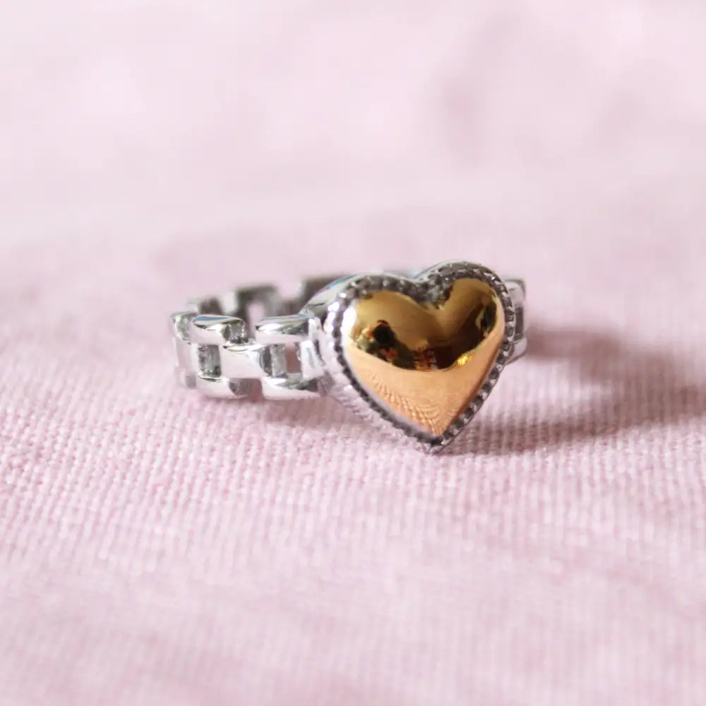 Cousins Collective - Chained Heart Ring Two Tone Silver + 18K Gold Plated