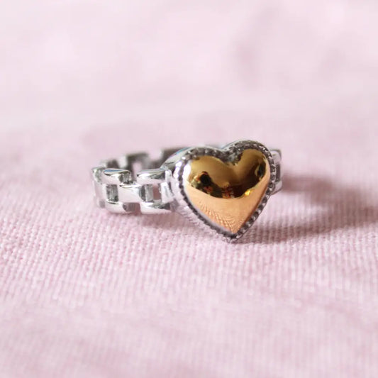 Cousins Collective - Chained Heart Ring Two Tone Silver + 18K Gold Plated