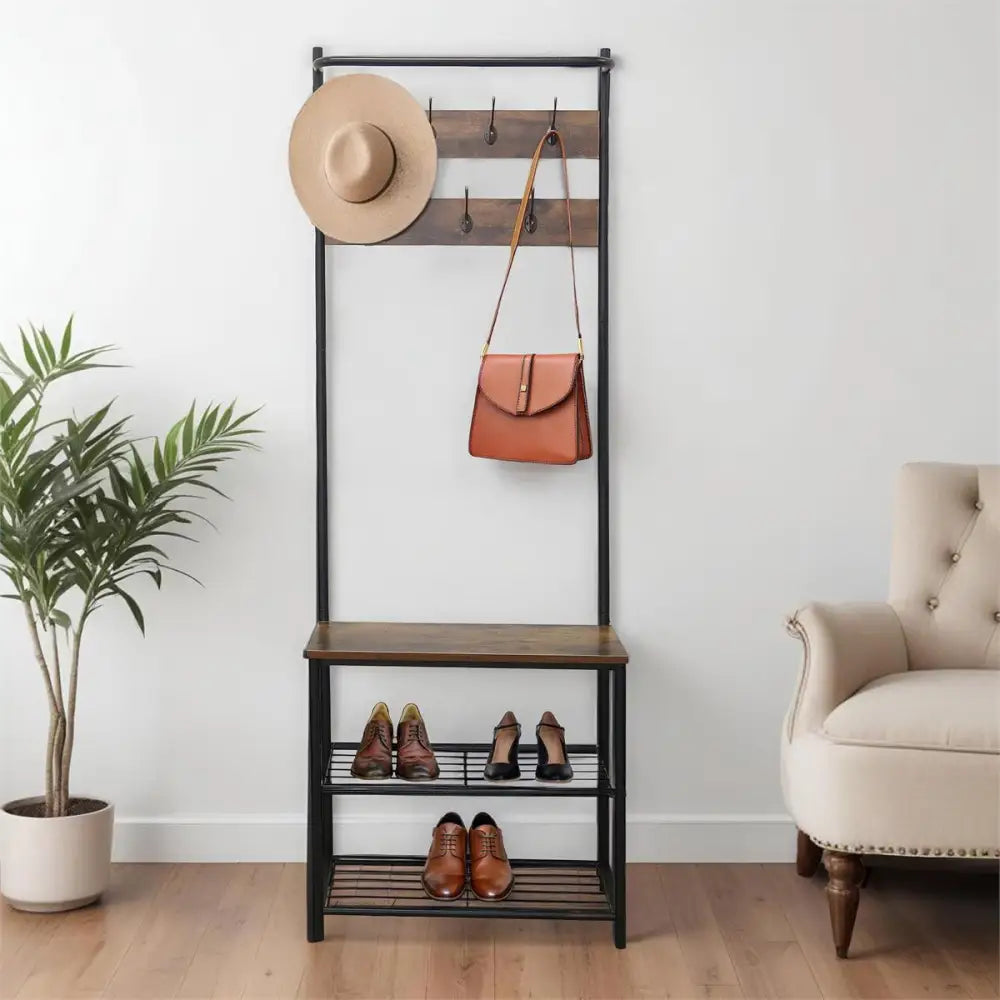 CTG Brands - Coat & Shoe Rack Powder Coated w/Wood Seat