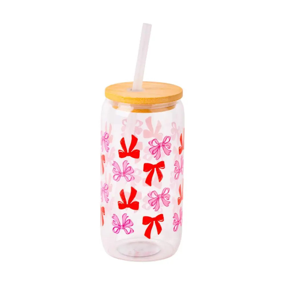 Glass Tumbler w/Straw & Lid All Over Pink/Red Bows - PABOOM
