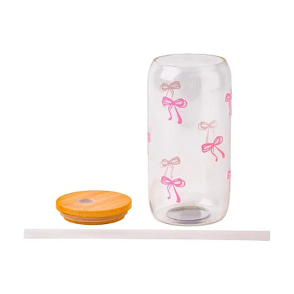 Glass Tumbler w/Straw & Lid Coquette Pink Bows - PABOOM