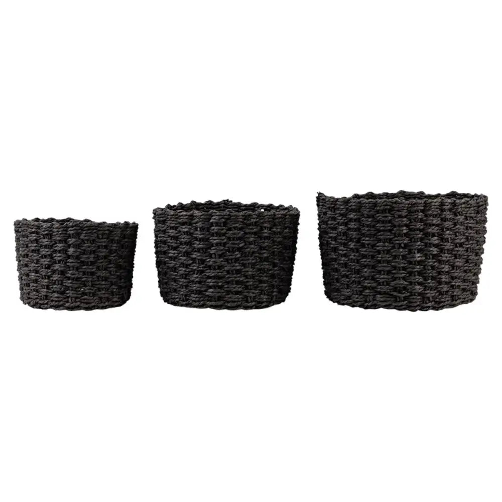 Woven Round Storage Baskets Set - Black