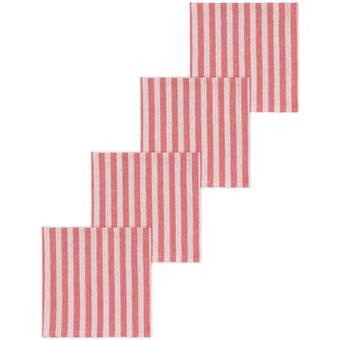 Four folded red and white candy-cane striped cotton napkins fanned in a cascade - PABOOM