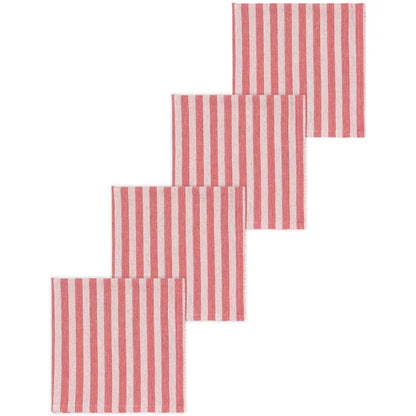 Four folded red and white candy-cane striped cotton napkins fanned in a cascade - PABOOM