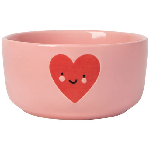 Pink bone china bowl featuring a smiling red heart character on the exterior - PABOOM