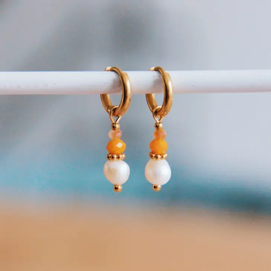 Pearl + Orange Gemstone Bead Earrings