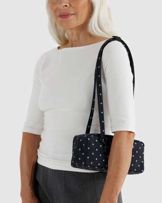 BAGGU Small Nylon Bowler Bag Black and Sky Blue Micro Dot interior pocket detail - PABOOM