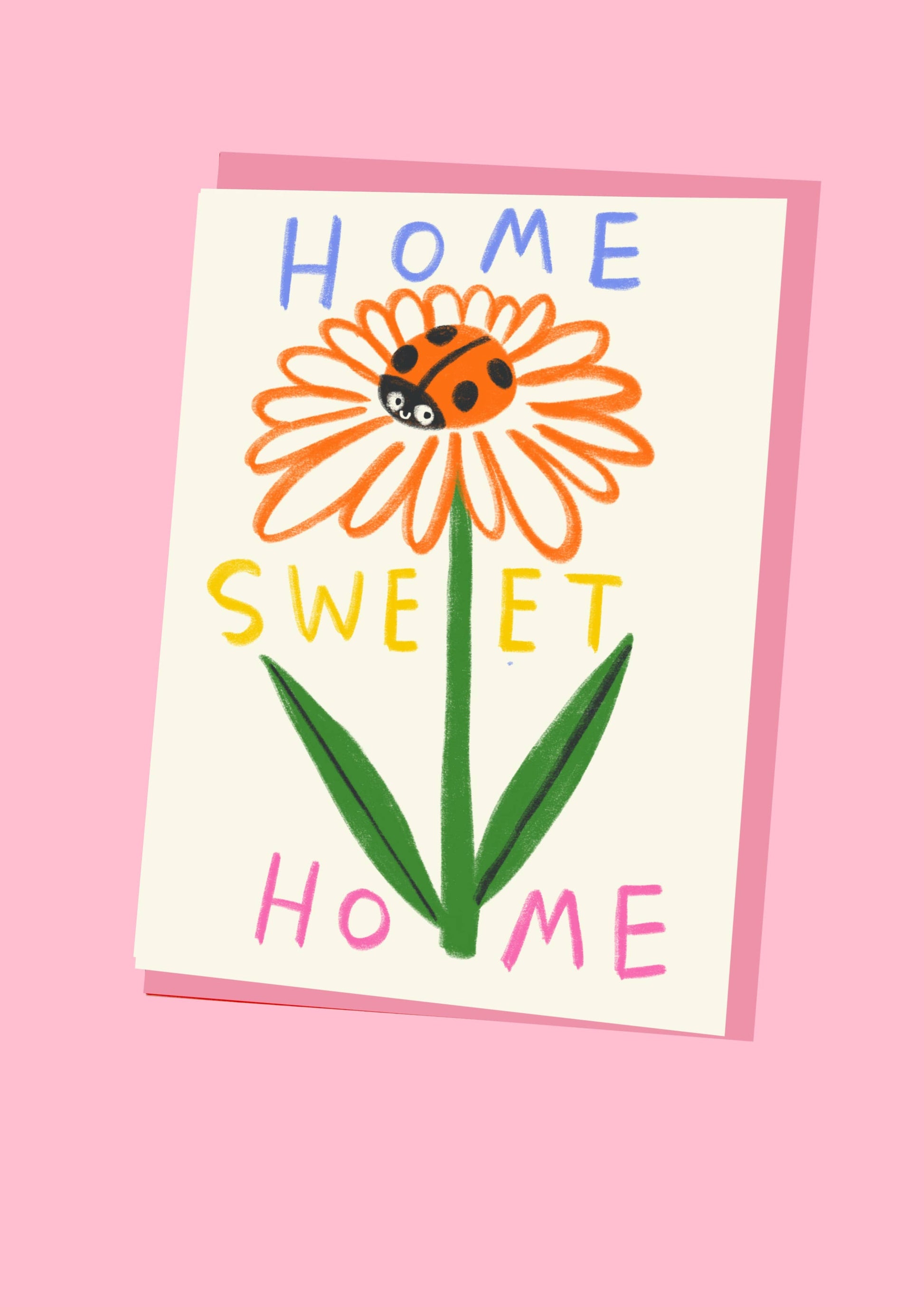 Kitty Kenda new home card featuring a hand-drawn orange daisy with a ladybird and "Home Sweet Home" lettering