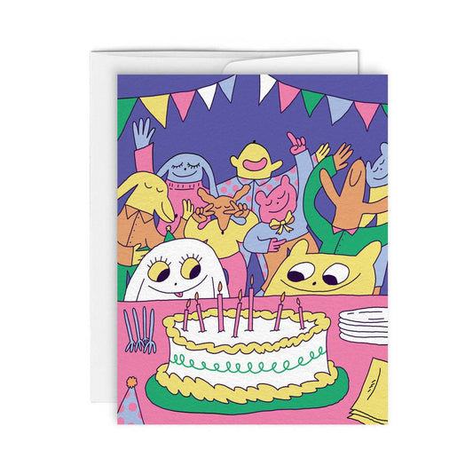 Colorful illustrated characters celebrating around a birthday cake with candles and bunting