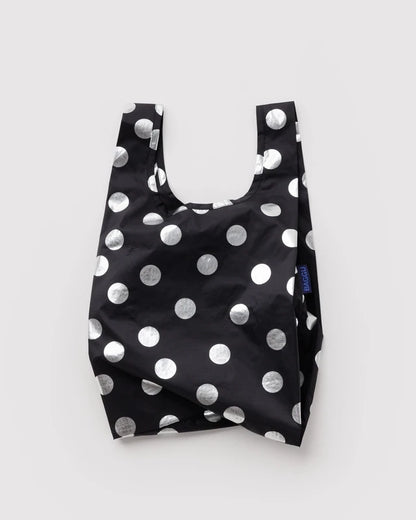 BAGGU Baby Baggu reusable bag in Silver Metallic Polka Dot print folded flat - PABOOM