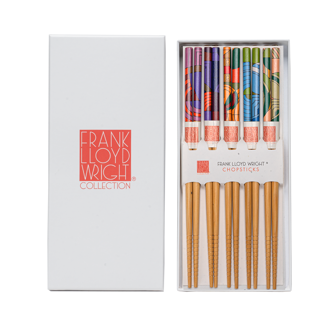 Frank Lloyd Wright chopsticks close-up of orange and teal pattern