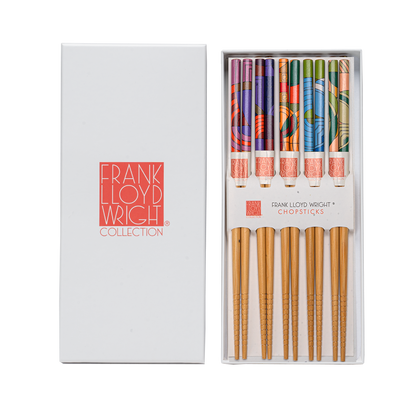 Frank Lloyd Wright chopsticks close-up of orange and teal pattern