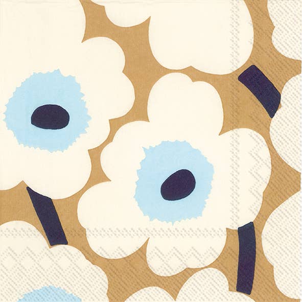 Marimekko UNIKKO cocktail napkin in cream with gold background and pale blue poppy centres