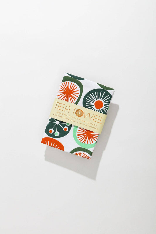 Retro Dot tea towel folded and displayed in kitchen setting - PABOOM