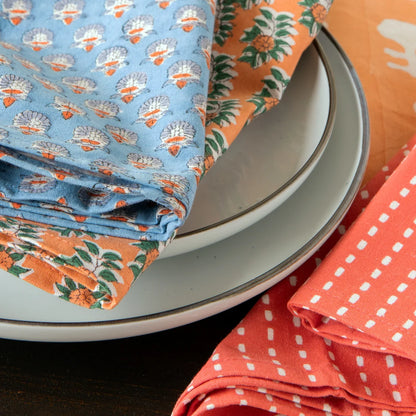 Gather napkin shown unfolded to display the blue floral block print pattern - PABOOM