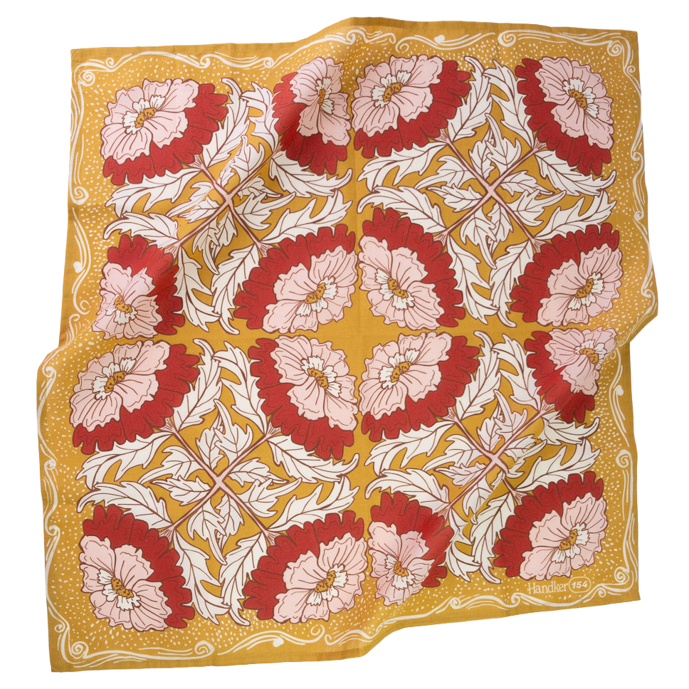 Ruthie Bandana flat lay in ochre gold, pink, brown and cream