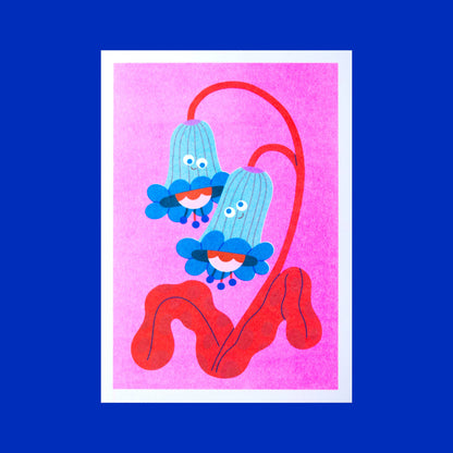 Bluebells Risograph Print — illustration of two bluebell flower characters with faces on a magenta background