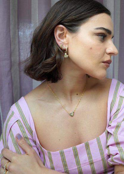 Pink and Green Floating Heart Hoop Earrings - Gold