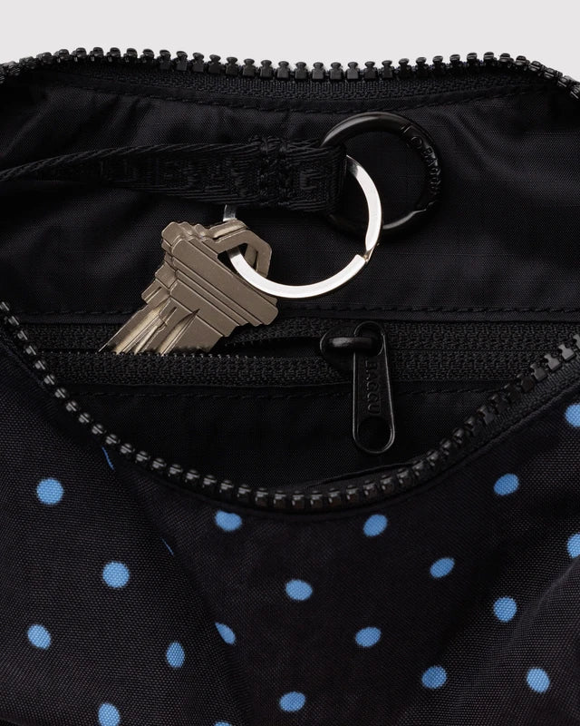 BAGGU Small Nylon Crescent Bag Black and Sky Blue Micro Dot strap and hardware detail - PABOOM