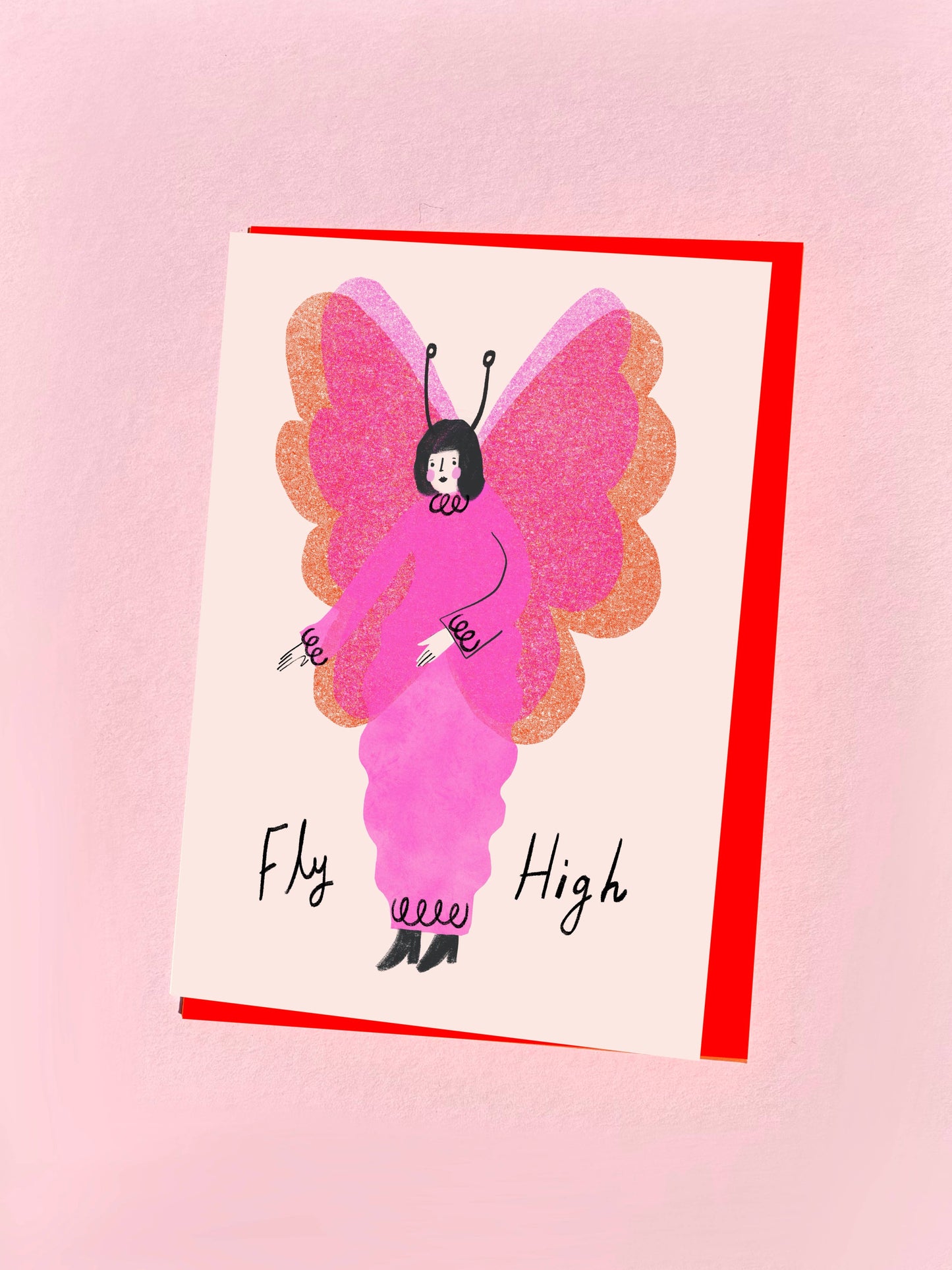 Kitty Kenda greeting card illustrating a pink winged moth fairy character with "Fly High" text