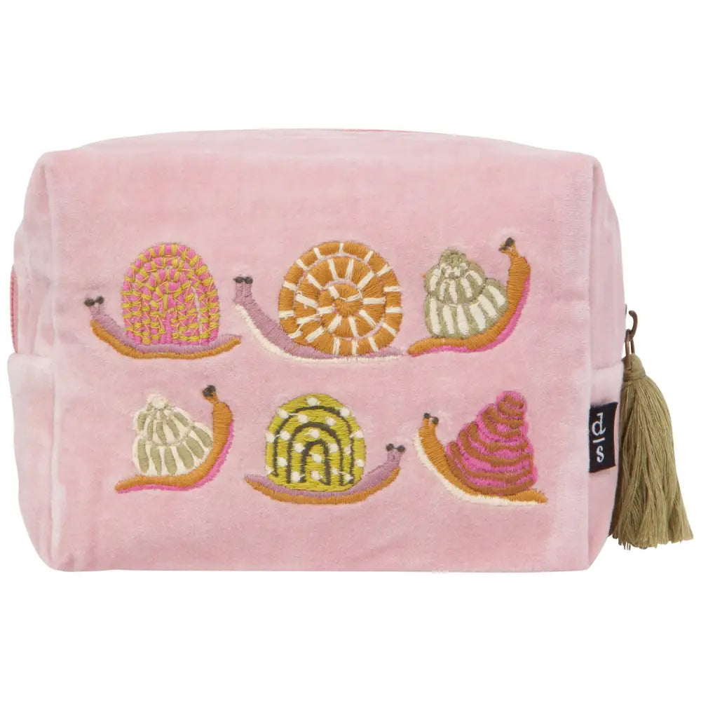 Pink Velvet zippered pouch with 6 embroidered snails and tassel front view