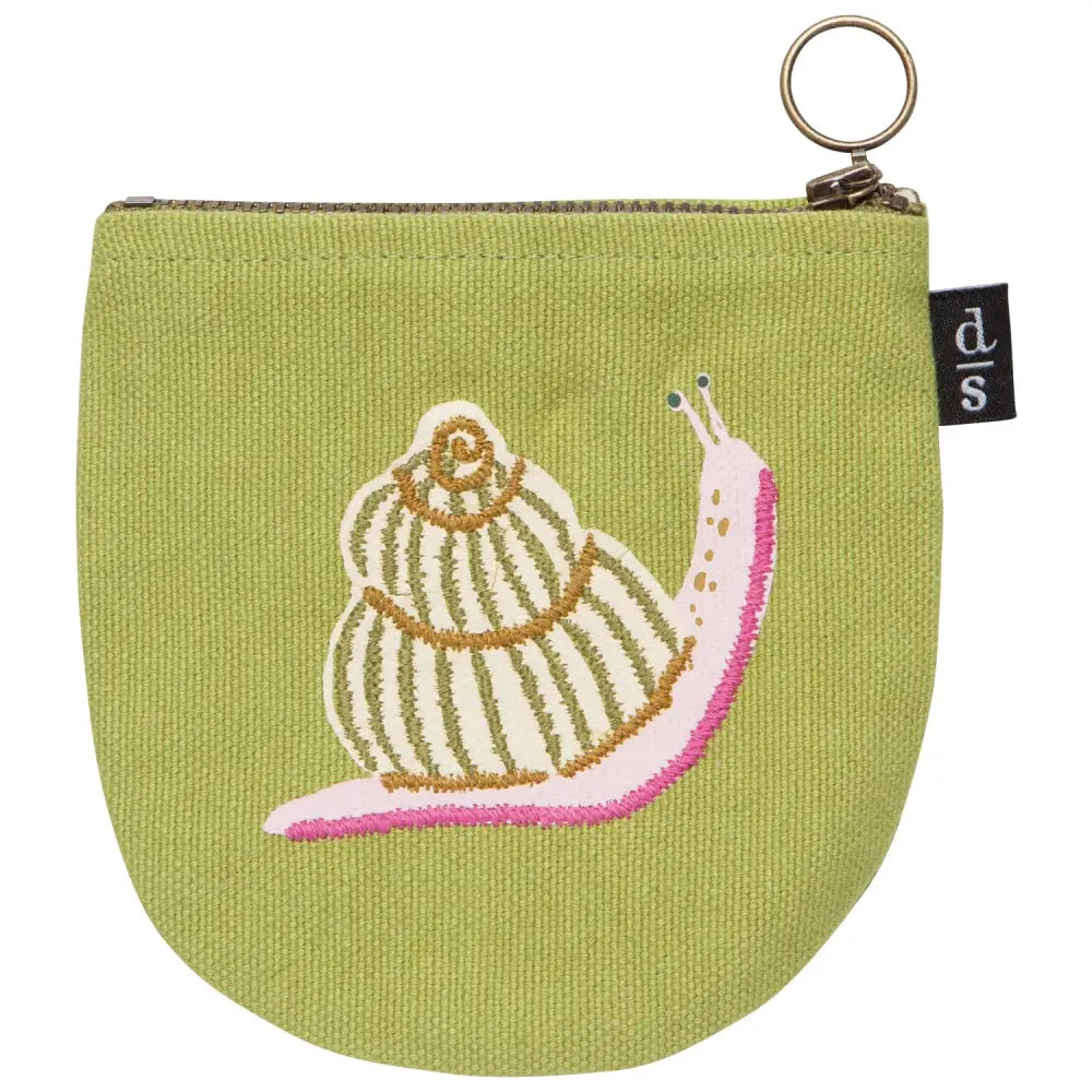 Green half moon shape zip pouch with embroidered snail, front side